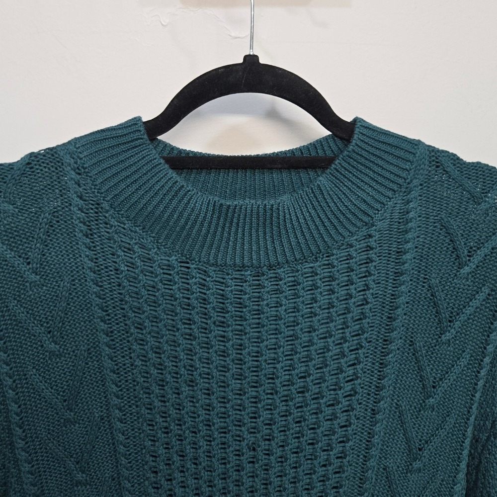 Known Supply Sweater Medium Teal Green Cable Knit Mock Neck 100% Organic Cotton - Picture 3 of 8